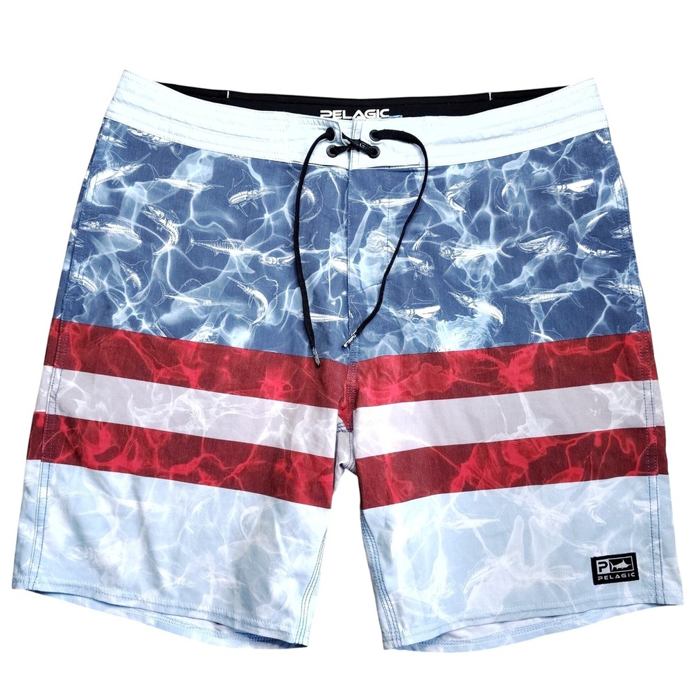 Pelagic Board Shorts Mens 36 Blue Red White Performance Fish Americamo Stripe